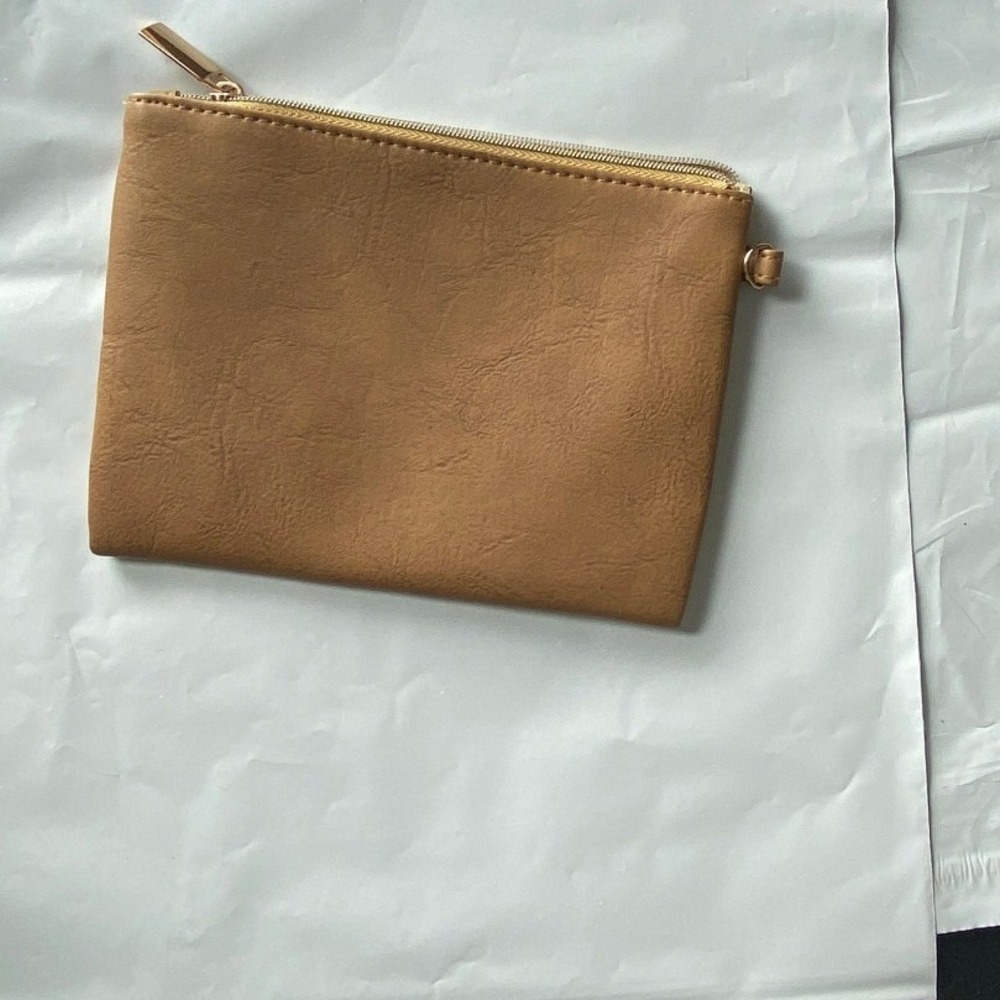 Tan Faux Leather Small Cosmetic Bag Pouch Zipper Closure